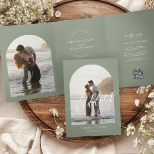 Convite Com Dobra Tripla Casamento de foto de 2 arcos tudo em um boho verde