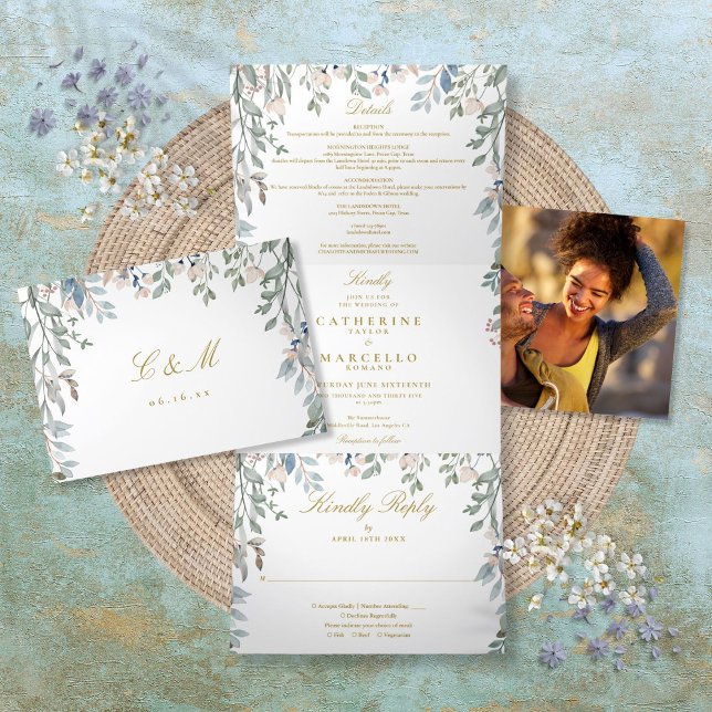 Convite Com Dobra Tripla Casamento de Foto de Floral Wildflower Monograma (Floral Wildflowers Monogram Photo Wedding Tri-Fold Invitation)