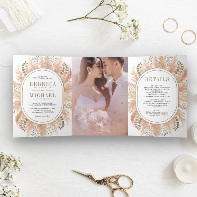 Convite Com Dobra Tripla Casamento de Foto de Grama Pampas Seca Boho Rústic (Criador carregado)