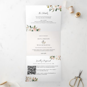 Convite Com Dobra Tripla Casamento de Foto Floral Magnolia com Código QR RS