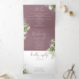 Convite Com Dobra Tripla Casamento de Foto Floral Mauve Elegant Greenery