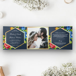 Convite Com Dobra Tripla Casamento de Foto Floral Moderna Geométrica Vibran