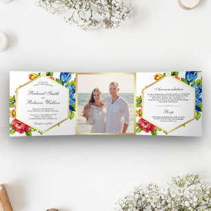 Convite Com Dobra Tripla Casamento de Foto Floral Moderna Geométrica Vibran