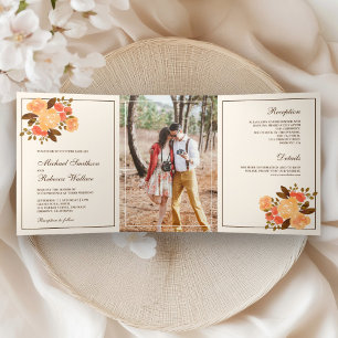 Convite Com Dobra Tripla Casamento de Foto Floral Rústica de Outono
