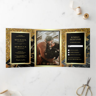 Convite Com Dobra Tripla Casamento de Foto Mármore Preto Brilho Dourado