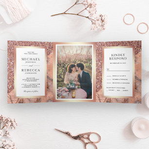 Convite Com Dobra Tripla Casamento de Foto Mármore Rosa Dourado Brilhante