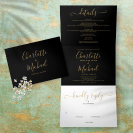 Convite Com Dobra Tripla Casamento de Foto Minimalista com Letra Dourada e