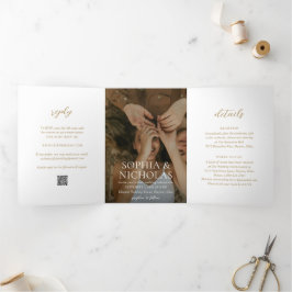 Convite Com Dobra Tripla Casamento de Foto Moderna Ouro Simples