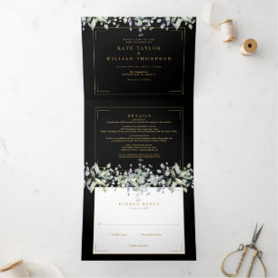 Convite Com Dobra Tripla Casamento de Foto Monograma Preto e Dourado Floral