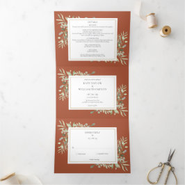 Convite Com Dobra Tripla Casamento de Foto Terracota Verde Botânico