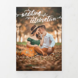 Convite Com Dobra Tripla Casamento de Fotografia do Script de Pincel Encant