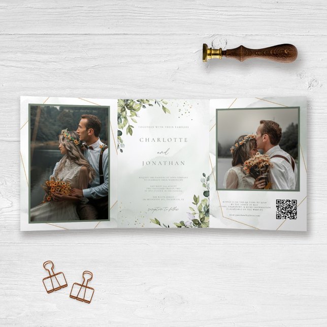 Convite Com Dobra Tripla Casamento de Fotografias de Código QR para Eucalyp (Criador carregado)