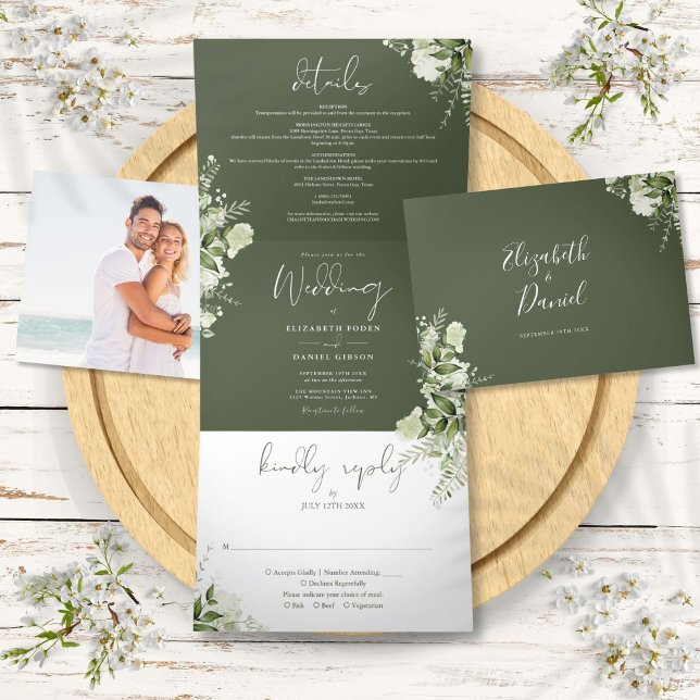 Convite Com Dobra Tripla Casamento de Fotografias de Verde Botânico Moderno (Olive Modern Botanical Greenery Photo Wedding Tri-Fold Invitation)
