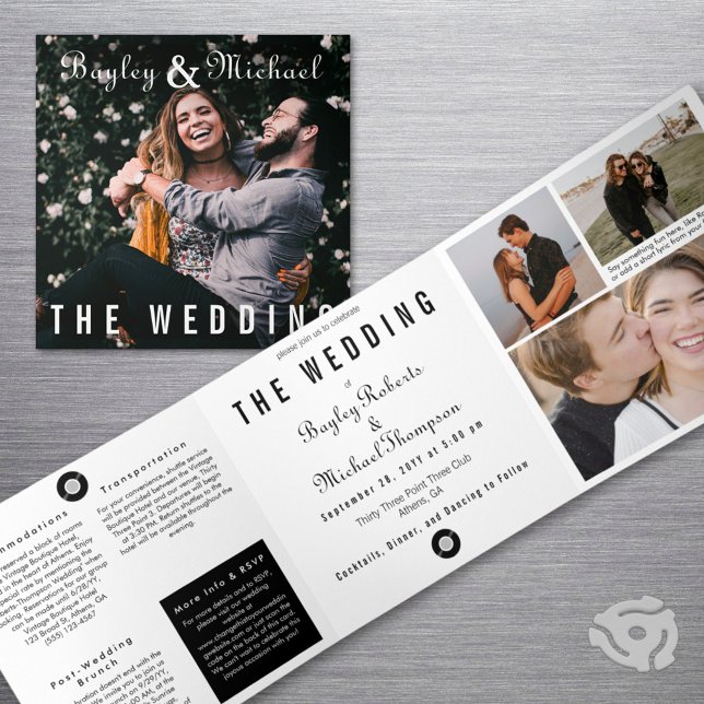 Convite Com Dobra Tripla Casamento de Fotografias do Cobrir de Álbum de Reg (Album cover style vinyl record wedding invitation. Includes wedding details.)