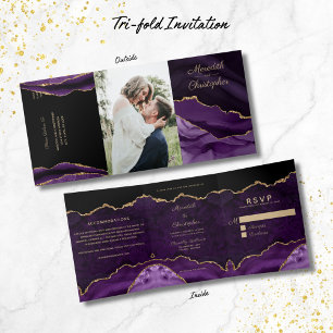Convite Com Dobra Tripla Casamento de Fotos de Geodo Dourado de Agate Roxo