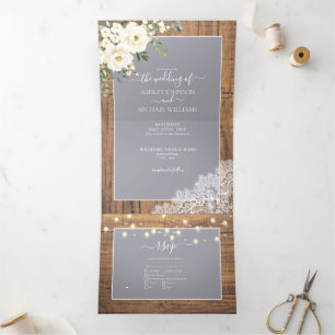 Convite Com Dobra Tripla Casamento De Fotos De Madeira Floral Branca De Cin