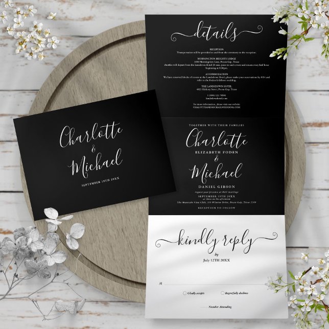 Convite Com Dobra Tripla Casamento De Fotos De Script Elegante Preto E Bran (Black And White Elegant Script Photo Wedding Tri-Fold Invitation)