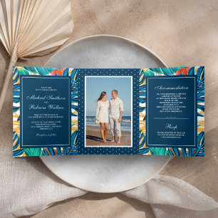 Convite Com Dobra Tripla Casamento de Fotos do Jardim das Folhas Tropicais