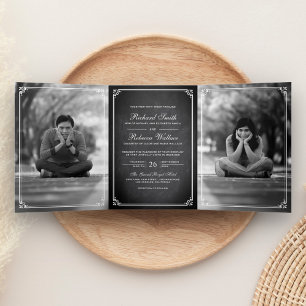Convite Com Dobra Tripla Casamento de Fotos do Quadro Clássico Elegante