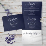 Convite Com Dobra Tripla Casamento de Fotos Minimalista do Script Moderno d<br><div class="desc">Tudo em um marinho azul triplo convite de casamento com tipografia elegante e sua foto especial. O convite inclui os detalhes das informações de convidado de celebração e um cartão RSVP destacável. Projetado por Thisnotme©</div>