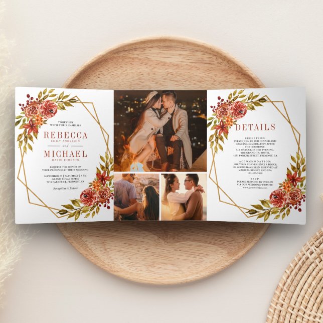 Convite Com Dobra Tripla Casamento de Frame Geométrico Floral Laranja Russo (Criador carregado)