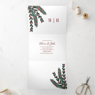 Convite Com Dobra Tripla Casamento de Gouache Botânico de Natal