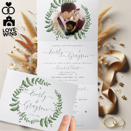 Convite Com Dobra Tripla Casamento de Grinalda Floral Verde Moderna Simples