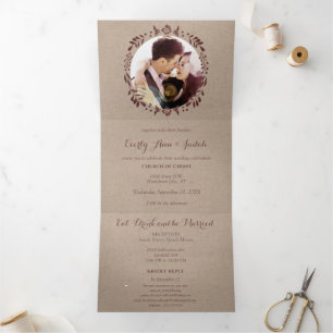 Convite Com Dobra Tripla Casamento de Grinalda Floral Vermelho Burgundy Pro