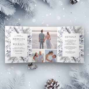 Convite Com Dobra Tripla Casamento de Inverno com Folhas de Aquarela em Azu