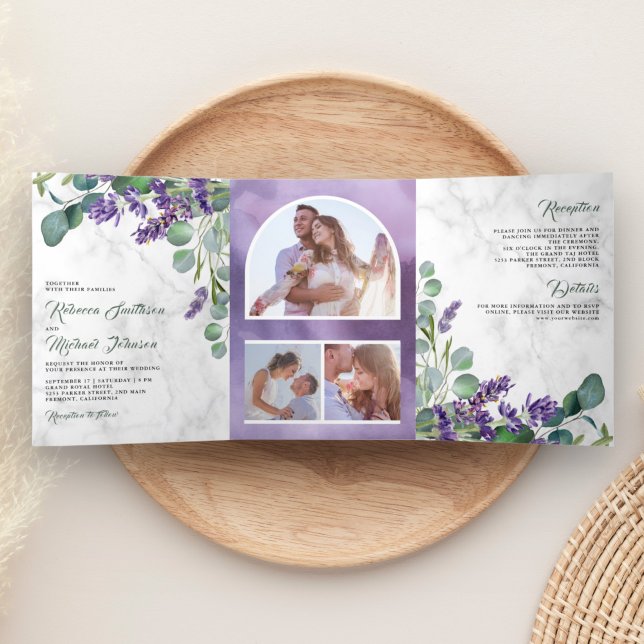 Convite Com Dobra Tripla Casamento de Lavanda rustica e de trama Eucalyptus (Criador carregado)