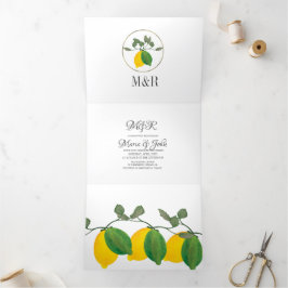 Convite Com Dobra Tripla Casamento de Limão com Vegetação em Aquarela Moder