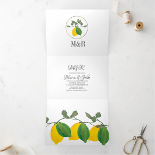 Convite Com Dobra Tripla Casamento de Limão com Vegetação em Aquarela Moder