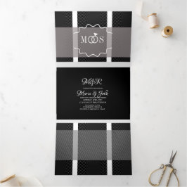 Convite Com Dobra Tripla Casamento de Logotipo de Anel Minimalista Xadrez C