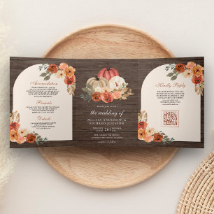 Convite Com Dobra Tripla Casamento de Madeira com Código QR de Abóbora Flor