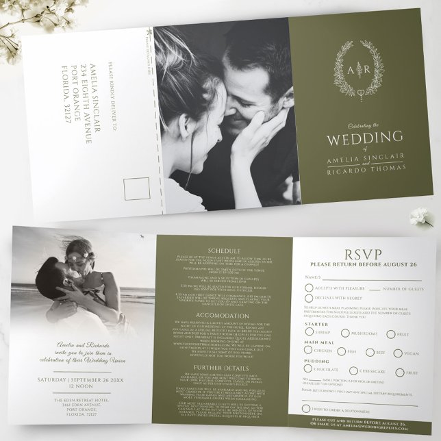 Convite Com Dobra Tripla Casamento de monograma RSVP de azeitona verde (Criador carregado)