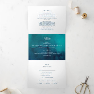 Convite Com Dobra Tripla Casamento De Moody Ocean Watercolor Tudo Em Um Tri