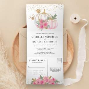 Convite Com Dobra Tripla Casamento de Outono com Floral Rústico Rosa e Abób