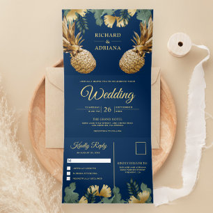 Convite Com Dobra Tripla Casamento de Palma Tropical Azul Naval Abacaxi Dou