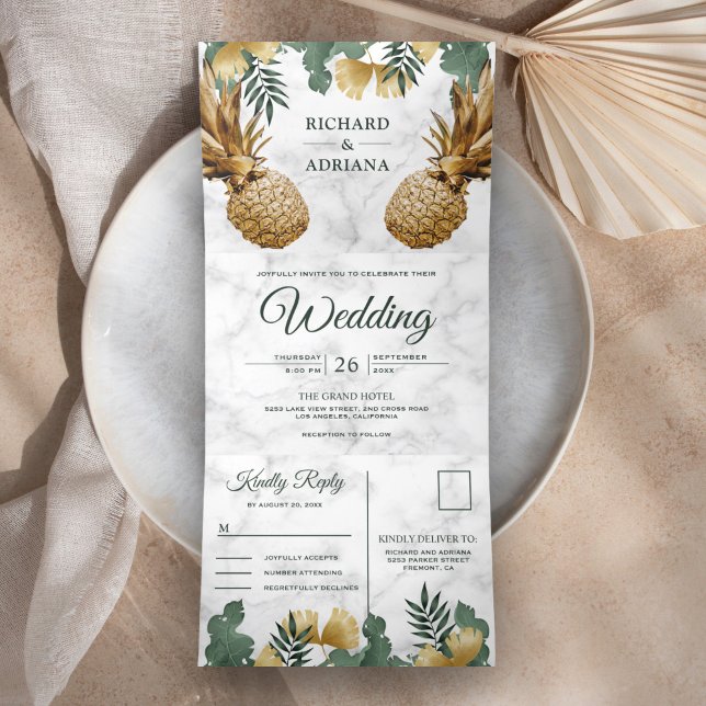 Convite Com Dobra Tripla Casamento de Palma Tropical Mármore Branco Abacaxi (Criador carregado)