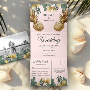 Convite Com Dobra Tripla Casamento de Palma Tropical Rosa Dourado Abacaxi