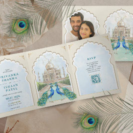 Convite Com Dobra Tripla Casamento de Peacock Taj Mahal Arch QR