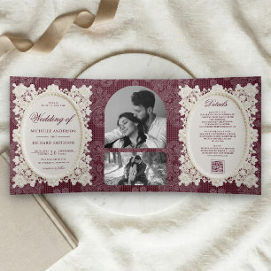 Convite Com Dobra Tripla Casamento de Renda Marfim Borgonha Old Money