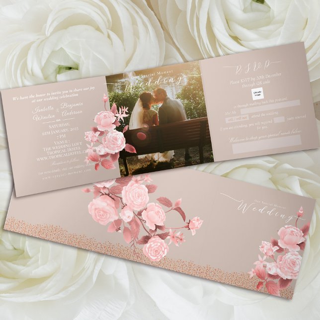 Convite Com Dobra Tripla Casamento de Rosa Chic Elegante (Chic Rose Wedding Folding Photo Wedding Invitation Card.)