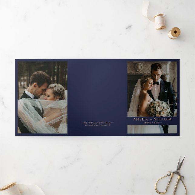 Convite Com Dobra Tripla Casamento de RSVP de Código de Foto Dourada Mínimo (Fora)