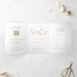 Convite Com Dobra Tripla Casamento de Script Elegante Dourado e Branco