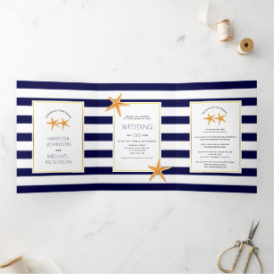 Convite Com Dobra Tripla Casamento de Starfish e marinho de listras brancas