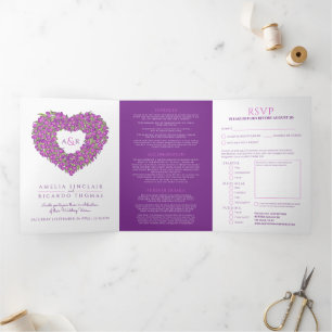 Convite Com Dobra Tripla Casamento de tulipas roxas do coração monograma