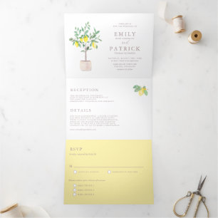 Convite Com Dobra Tripla Casamento de Verão com Lemon Tree Botânica