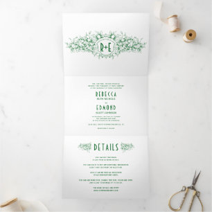 Convite Com Dobra Tripla Casamento de vintage emerald verde da crista herá