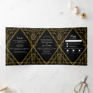 Convite Com Dobra Tripla Casamento Deco Elegante Dourado Negro 20 